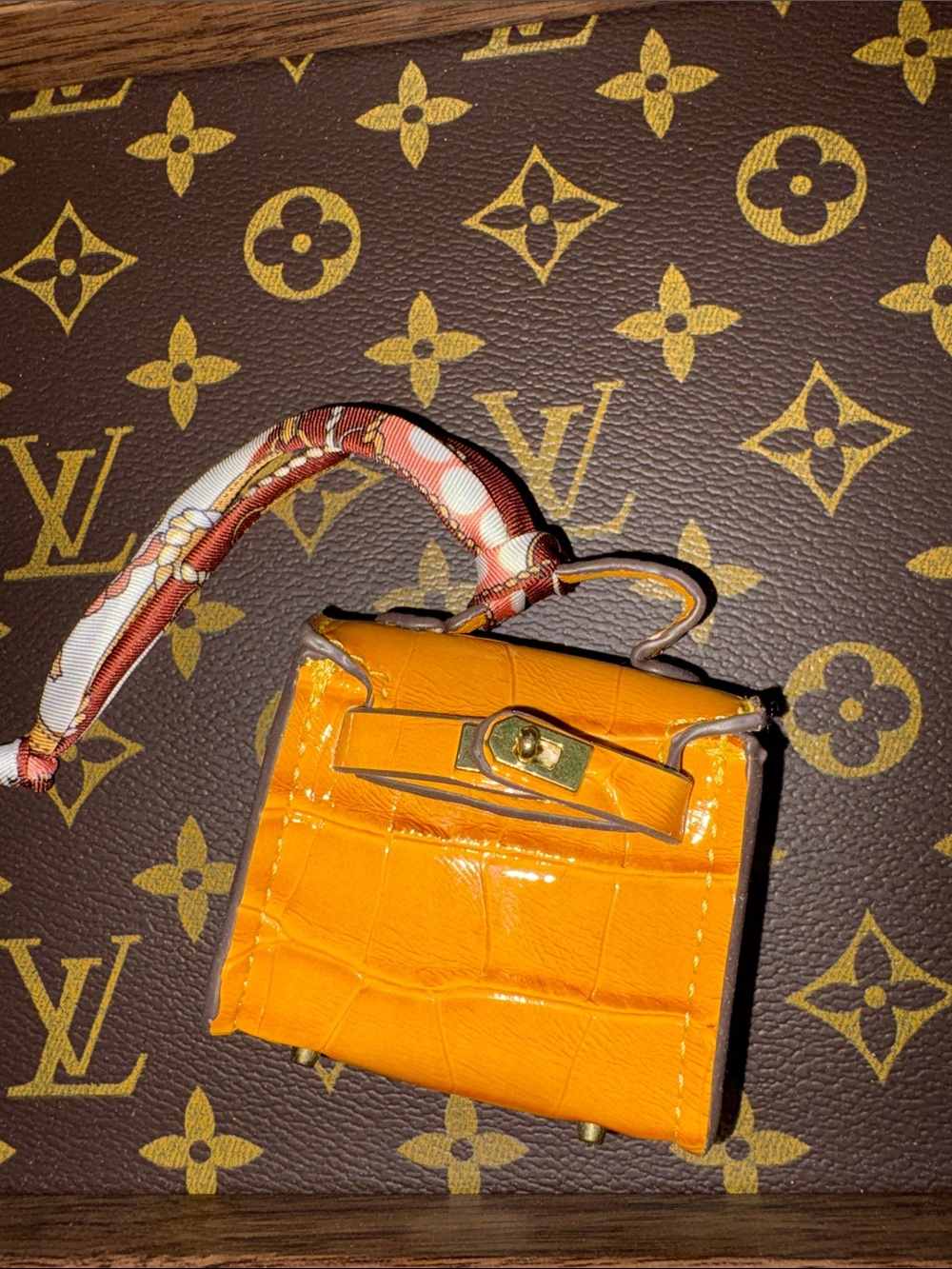 Designer inspired Mustard Mini Top-Handle Charm with Croc-Embossed Finish
